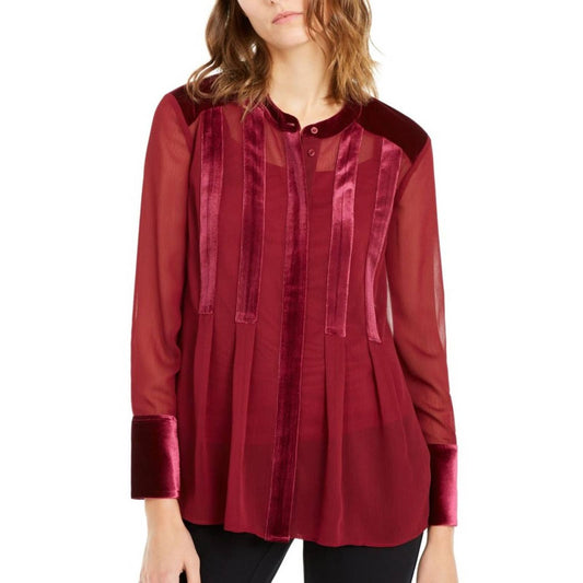 ALFANI Burgundy Velvet Striped Sheer Long Sleeve Blouse Plus Size 1X NWT