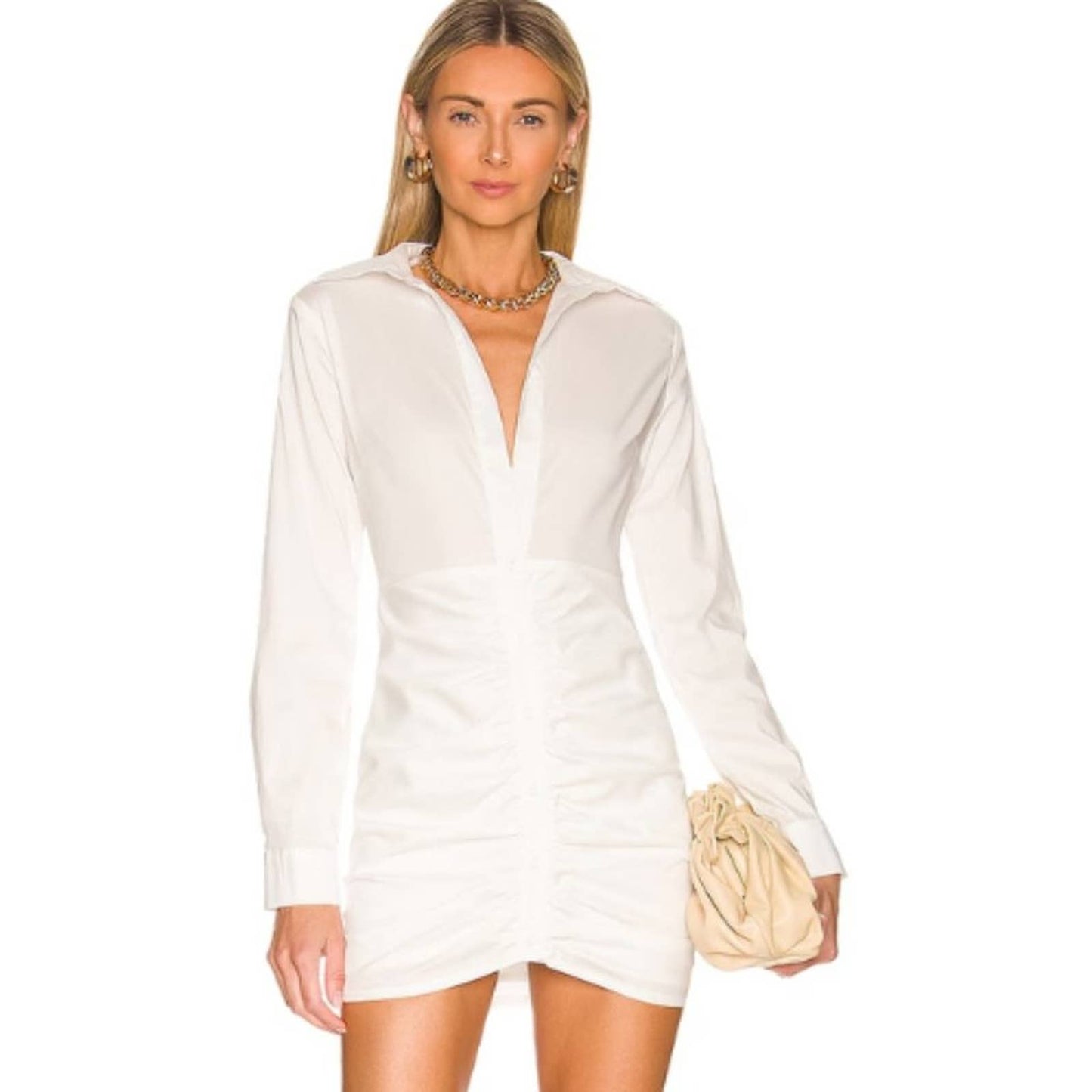 Superdown Colette Ruched Shirt Dress in White NWT Size Small