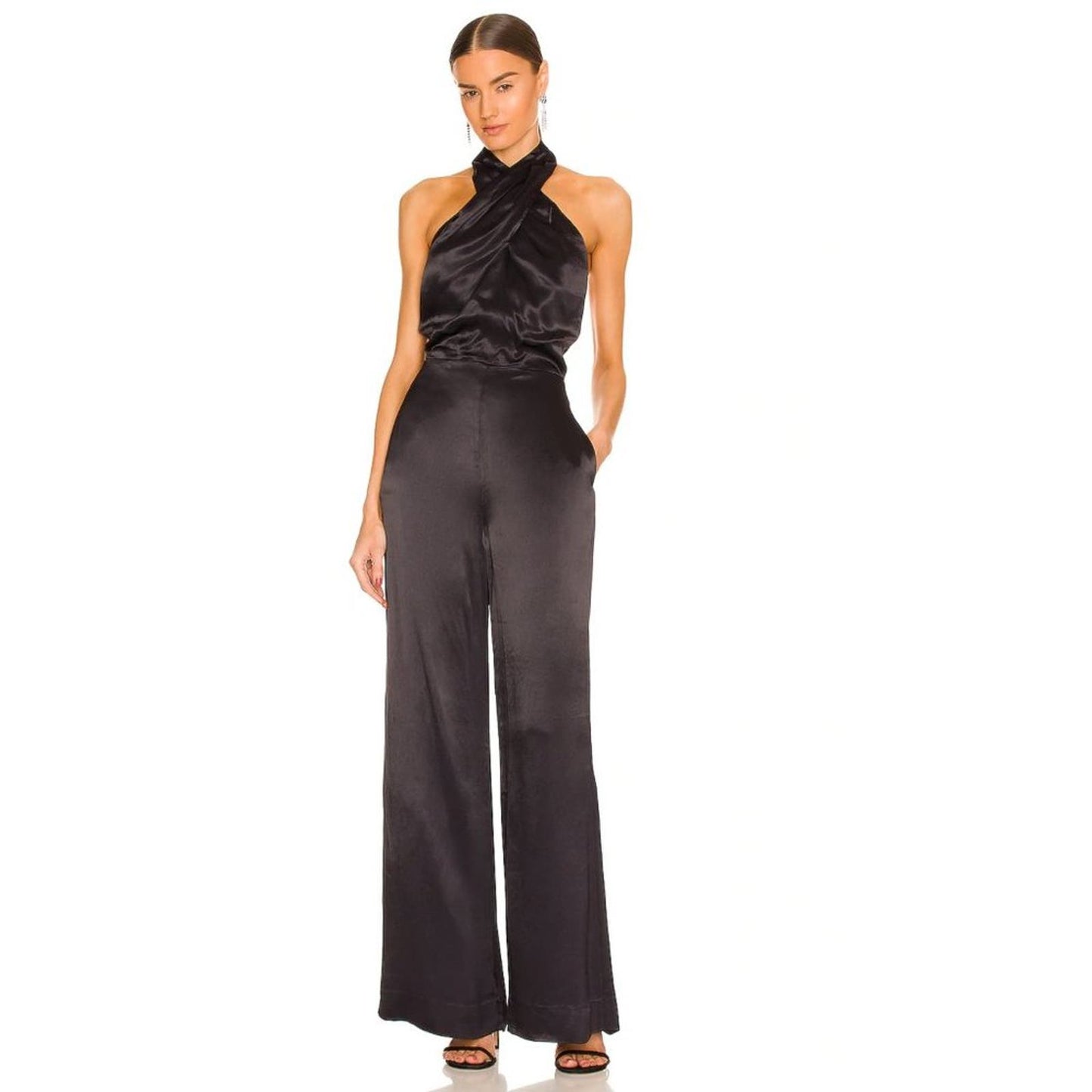 L'Academie Onelle Jumpsuit in Black Satin NWOT Size Small