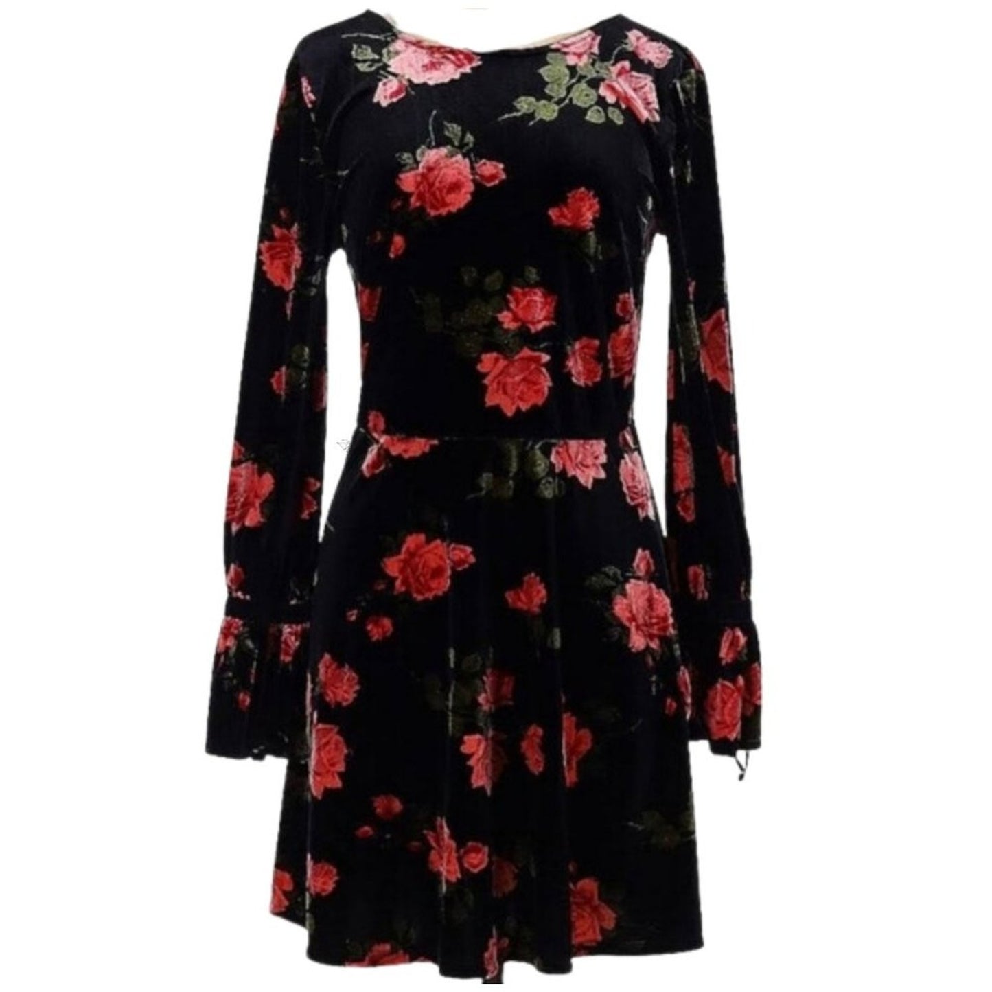 Xhilaration Black Velvet Floral Bell Sleeve Dress Size Small