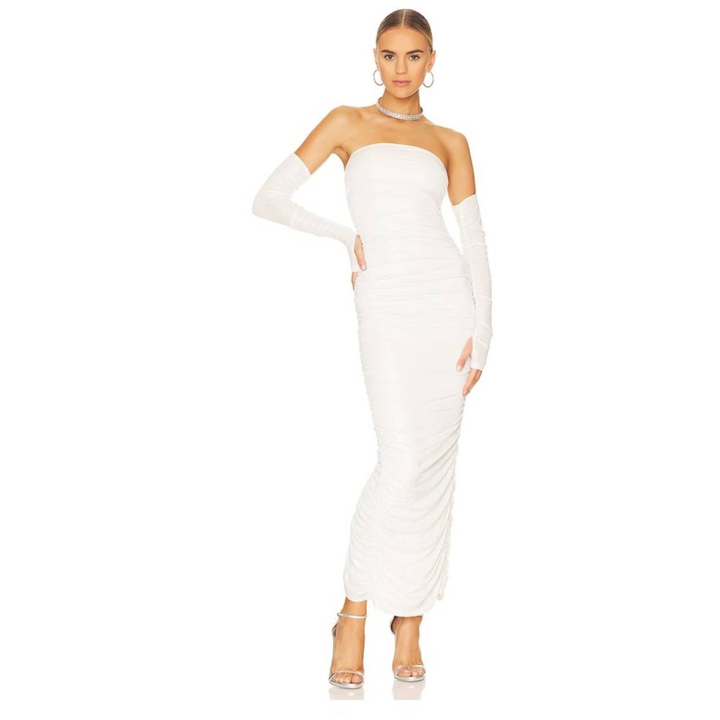 Revolve x More to Come Maddy Ruched Gown in White Iridesceent Size Small