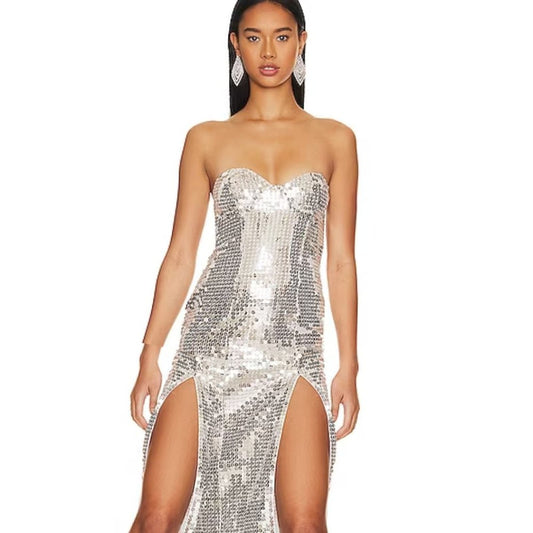 Majorelle Jovi Strapless Midi Dress in Silver Sequin NWOT Size Small