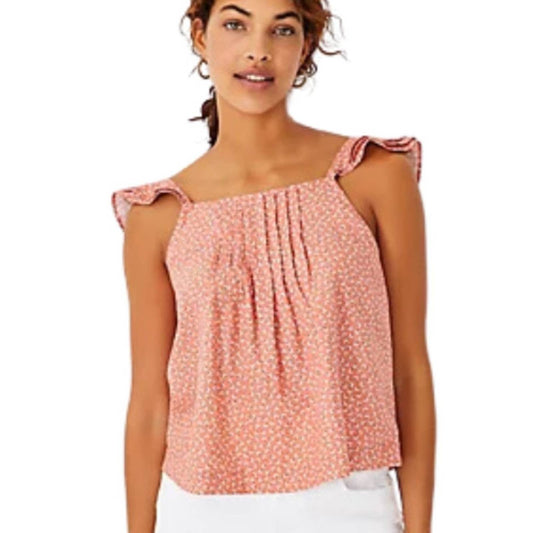 Ann Taylor Fall Floral Linen Blend Pintucked Ruffle Tank Top in Orange NWT Med