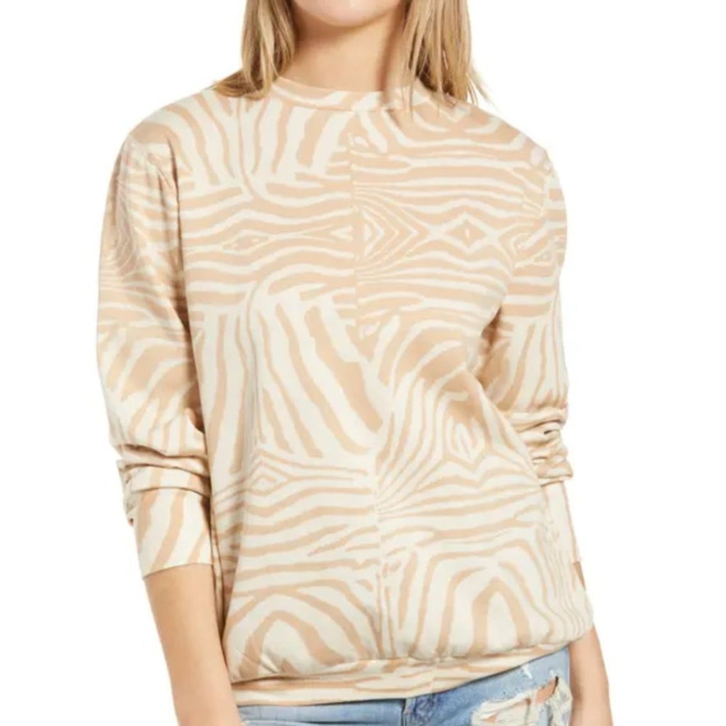 AFRM Diana Pullover Fleece Lined Neutral Zebra Tan & Cream NWT Size Small