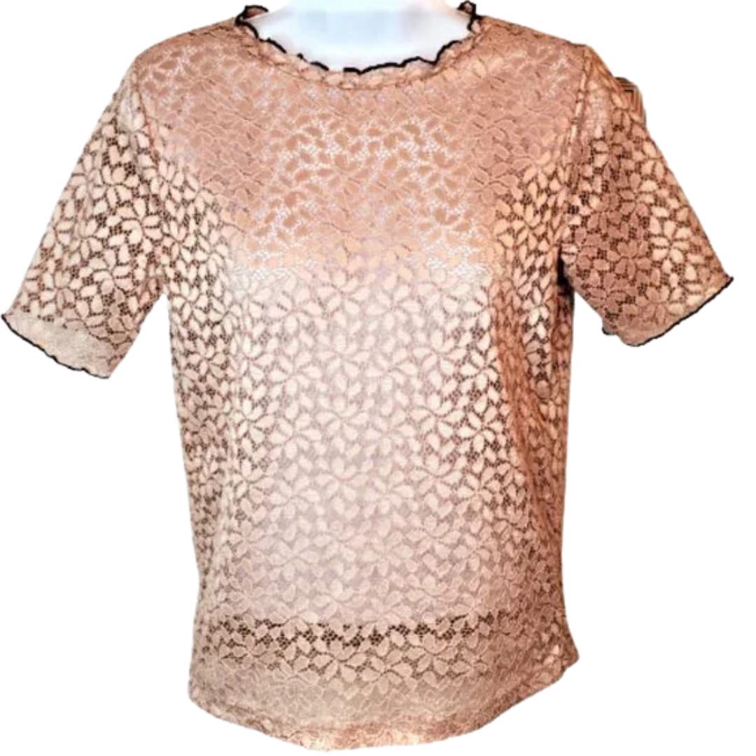 ZARA Trafaluc TRF Blouse  Rose Gold Lace Short Sleeve Top Size Small