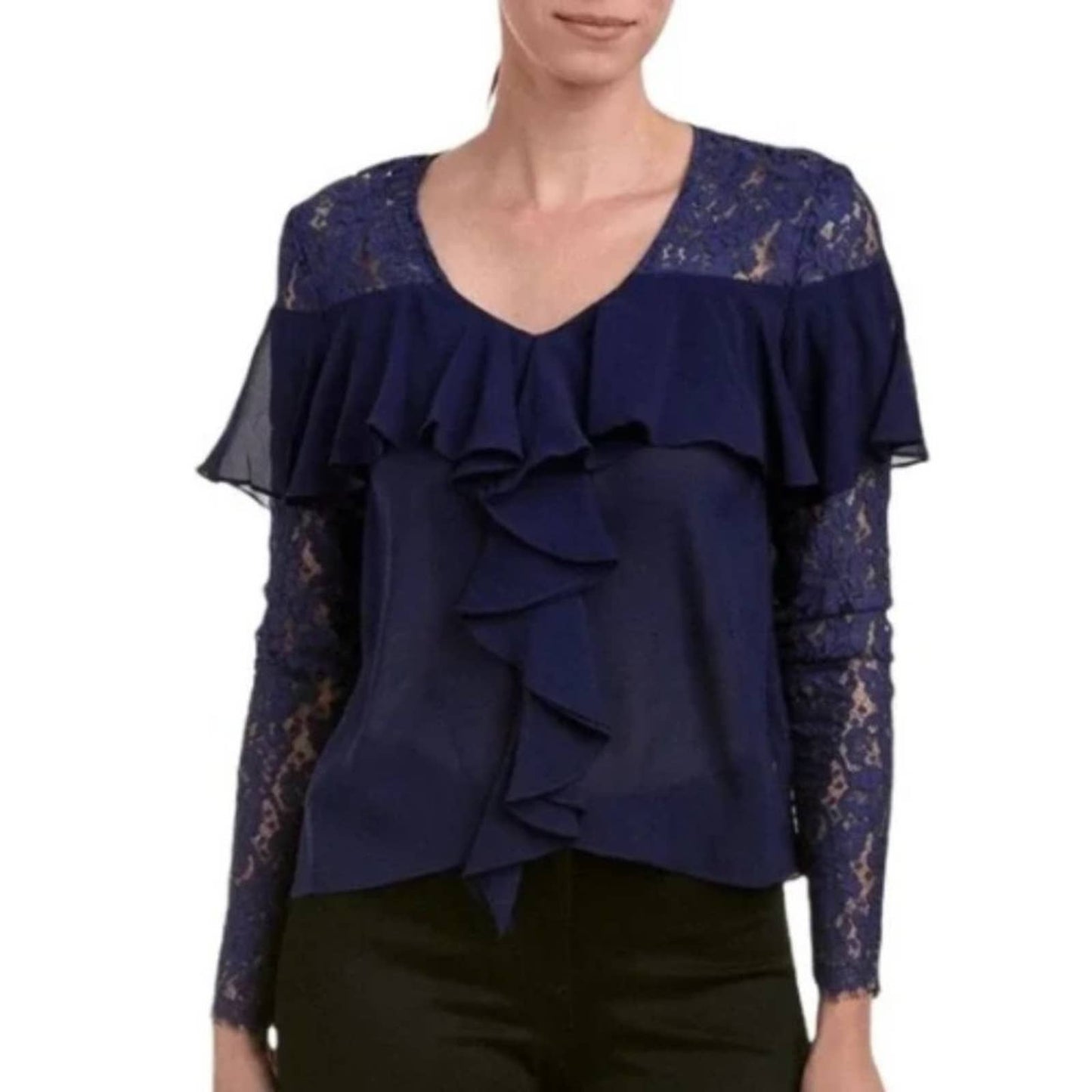 Nicole Miller Artelier Navy Blue Silk Ruffle Lace Blouse NWT Size Small
