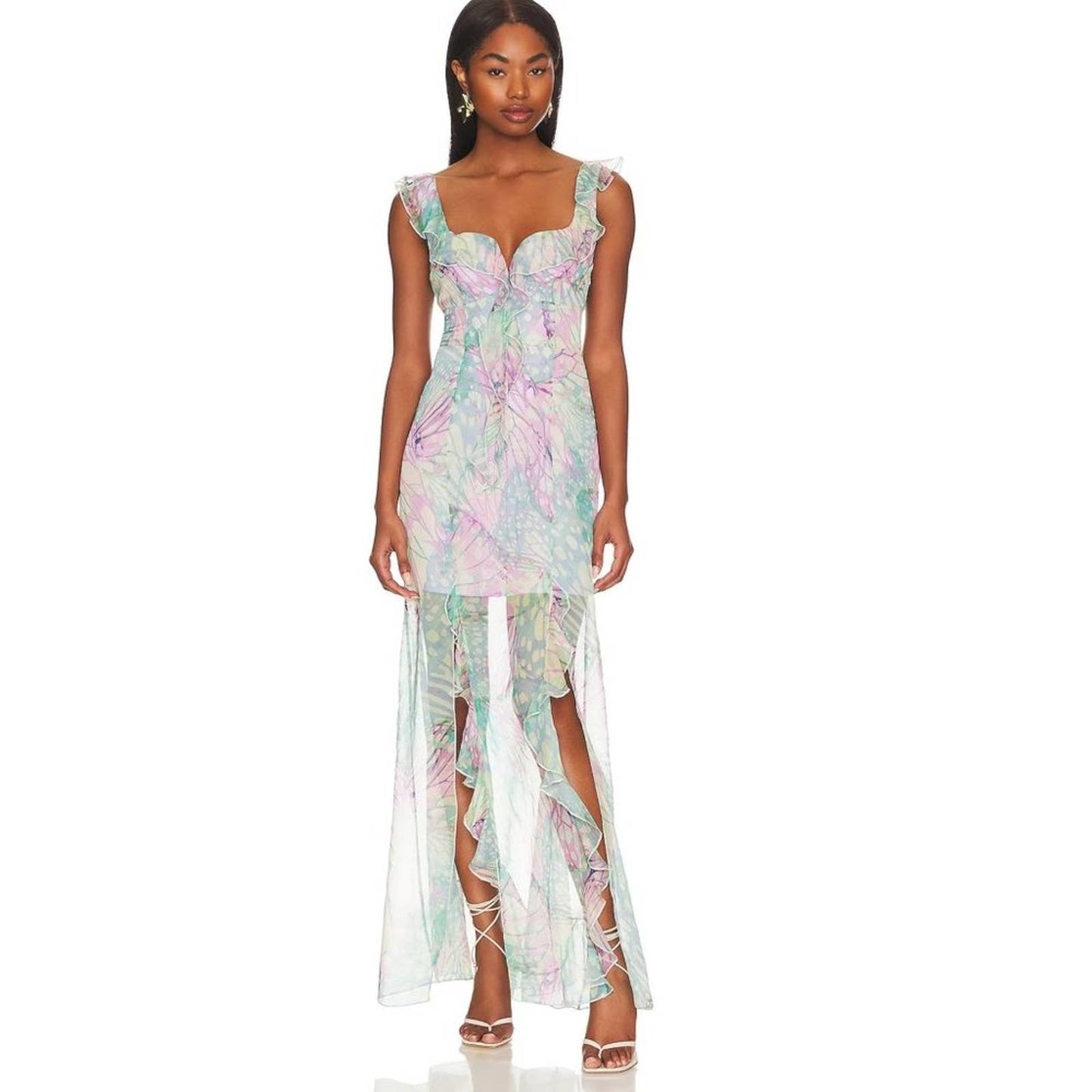 LPA Daniella Flutter Maxi Dress in Pink & Teal Abstract NWT Size Small