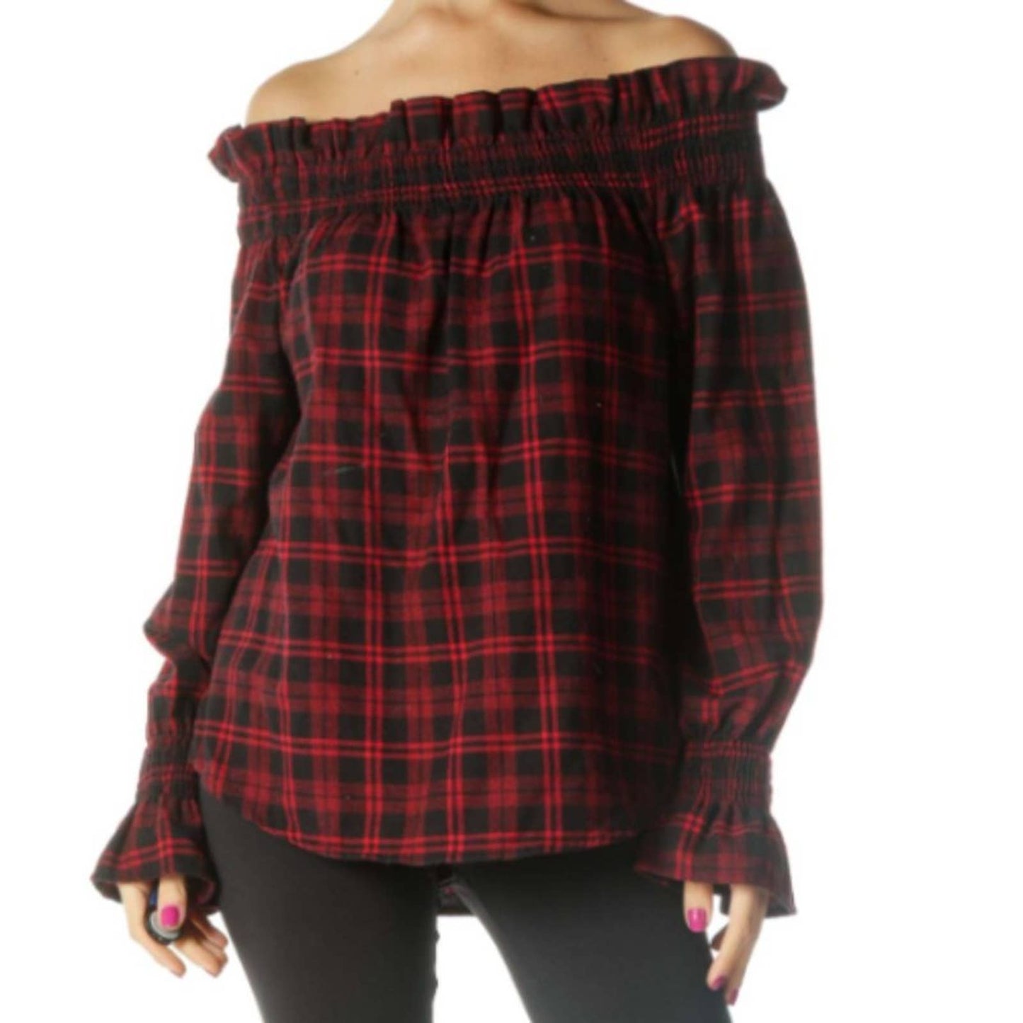 Vintage Havana Red & Black Plaid Off Shoulder Blouse NWT Size Small