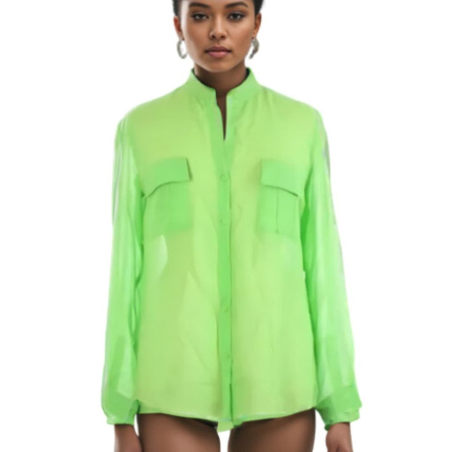 Erin Fetherston Long Sleeve Neon Green Silk Button Down Blouse NWT XL