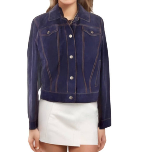 Isaac Mizrahi Navy Blue Leather Suede Trucker Jacket Never Worn Size M