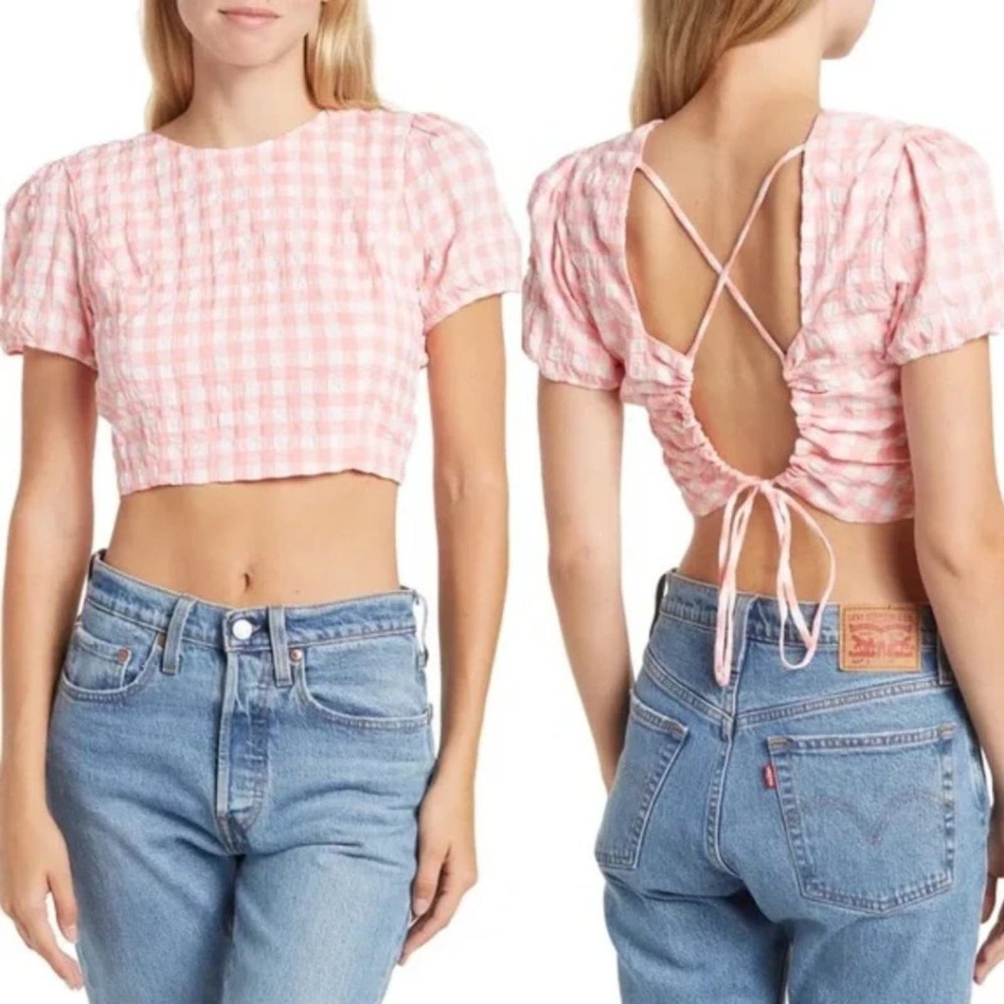 Elodie Pink & White Gingham Crop Top Tie Back NWT Size Large