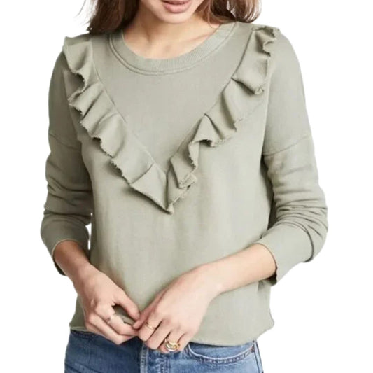 Free People Ooh La La Ruffle Front Sweatshirt in Green EUC Size XS