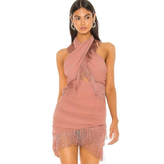 NBD Violet Fringe Mini Dress in Clay Mauve NWOT Size Small