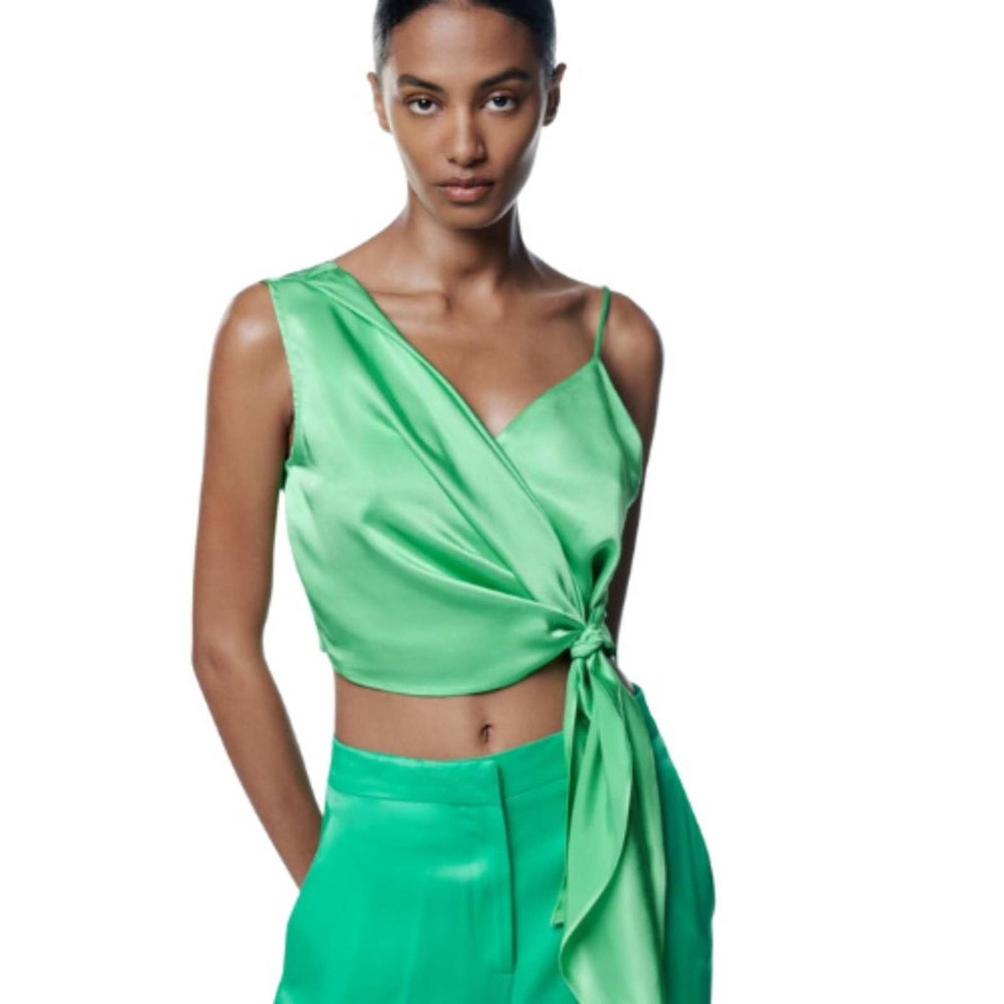 Zara Satin Asymmetric Top Intense Green NWT Size XS