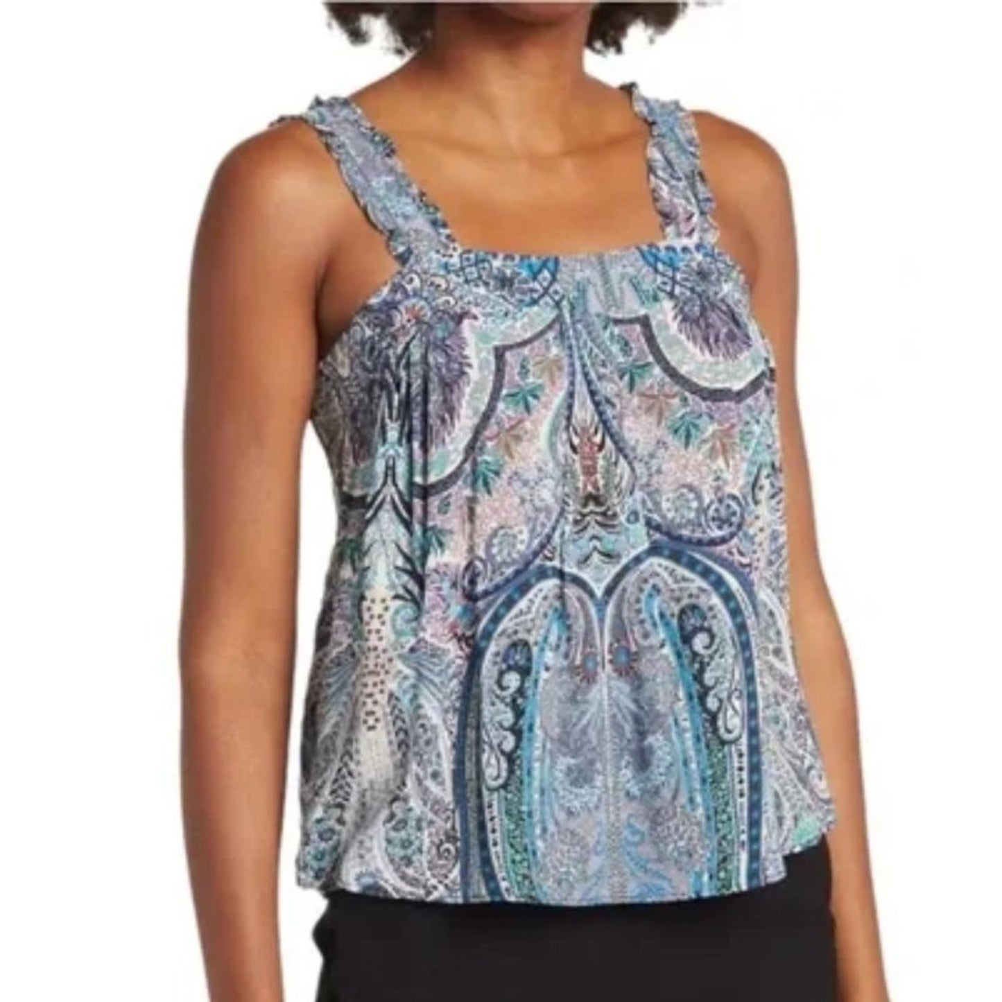 Catherine Malandrino Square Neck Ruffle Strap Tank Blue Paisley Women’s …